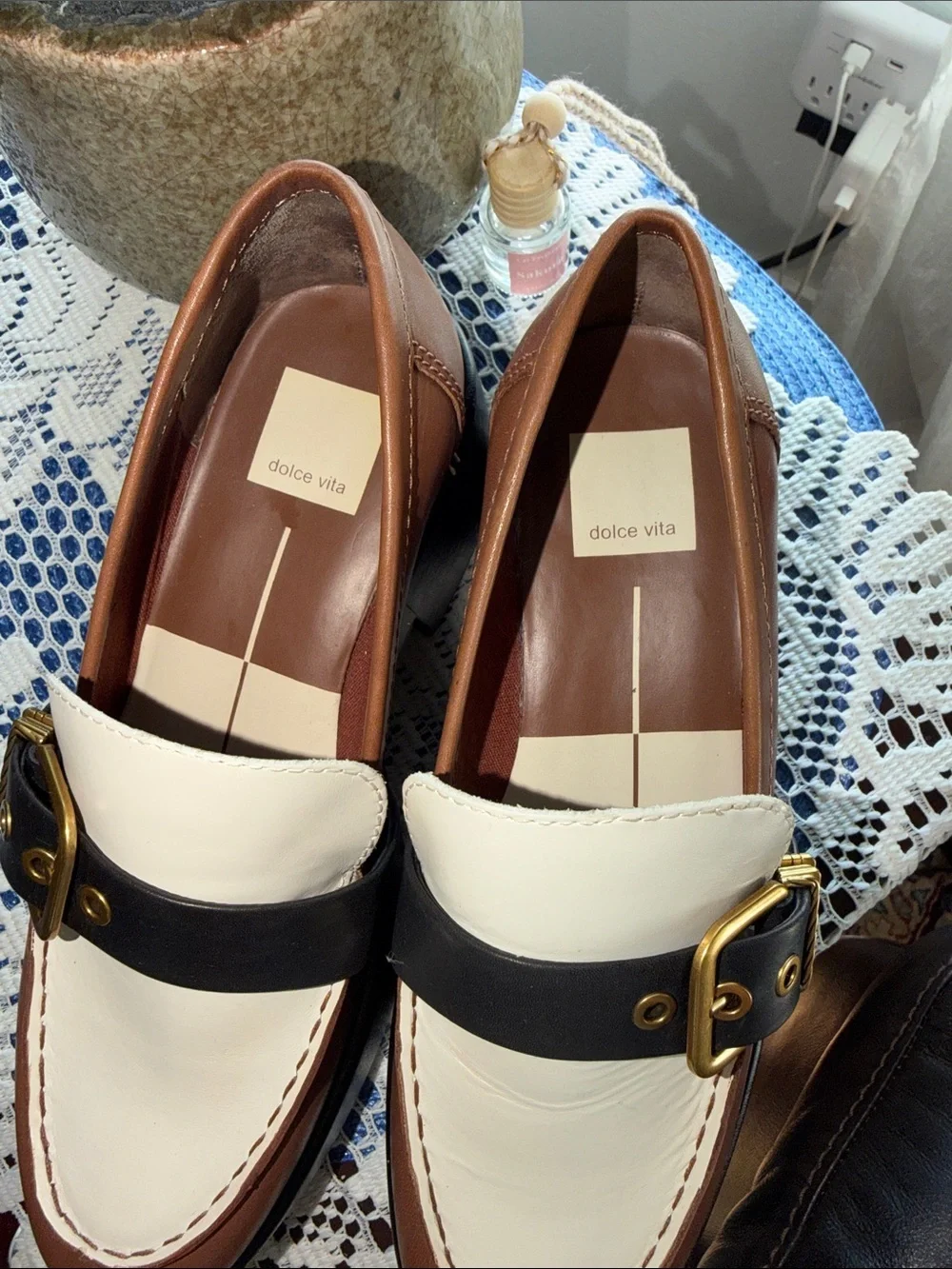Dolce Vita White, Brown and Black Leather Buckle Loafers